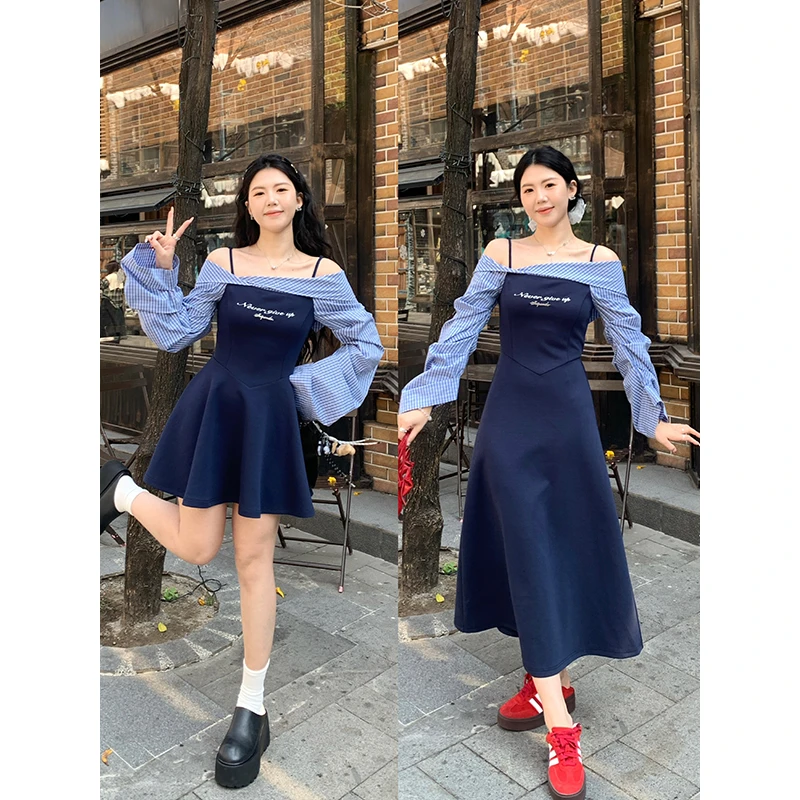 【天空之城】甜辣多多2025春季衬衣拼接一字肩收腰气质长袖连衣裙女