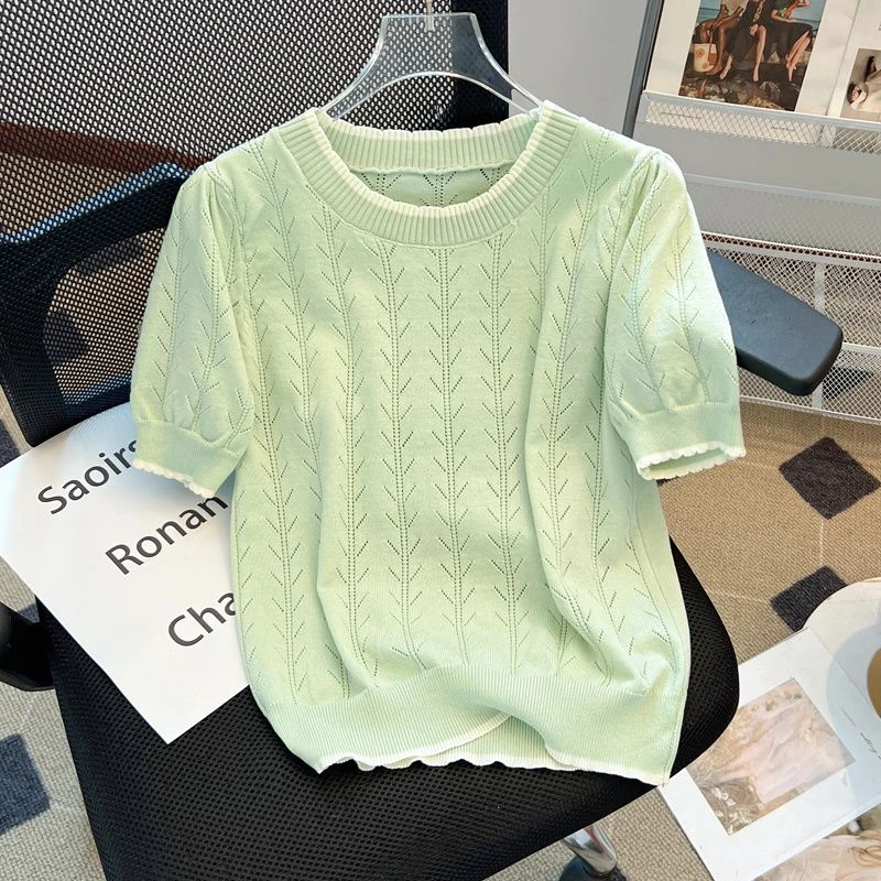 镂空波浪边冰丝短袖上衣女夏季薄款透气小衫宽松大码洋气圆领T恤