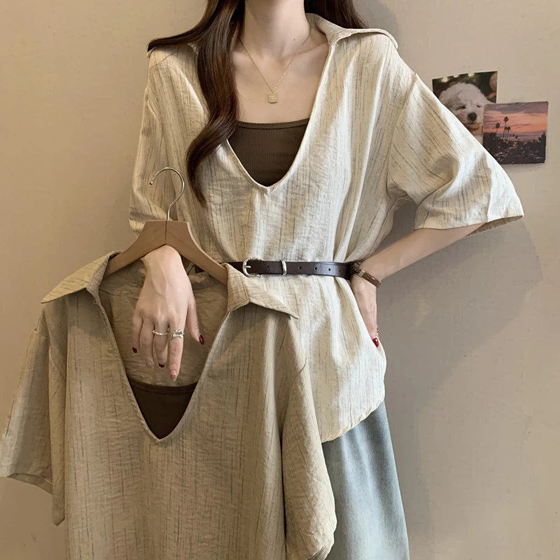 大码女装配腰带收腰深V领短袖衬衫女2025夏气质宽松显瘦衬衣上衣