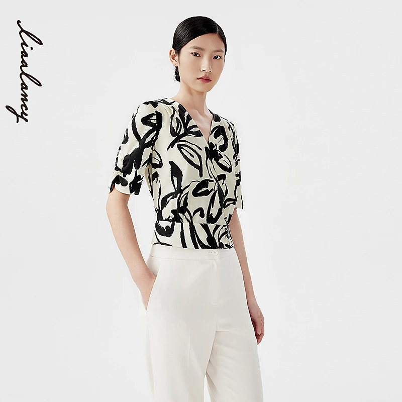 LANCY/朗姿2024夏季新款短袖收腰印花衬衫女气质V领短款上衣