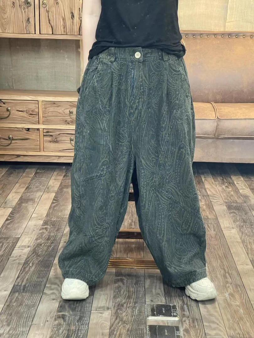 [四月阳光]秋季麻棉提花炒色做旧女士休闲牛仔裤(长90臀围132)