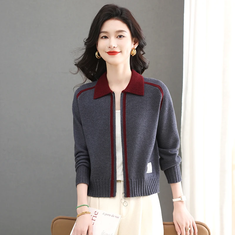 翻领针织衫短款外套女秋装2025新款时尚百搭短款拉链毛衣开衫春秋