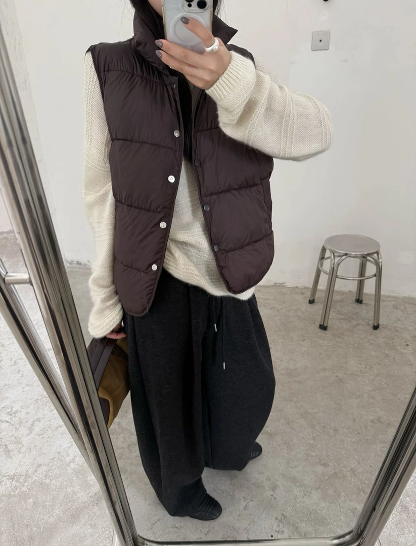 韩版时尚休闲百搭女士简约纯色秋冬短款无袖常规冬季立领外穿