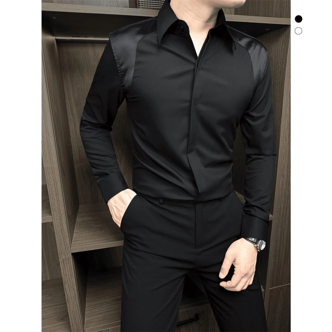 设计感大尖领黑色衬衫男款痞帅高级感拼接轻奢风修身男士衬衣长袖