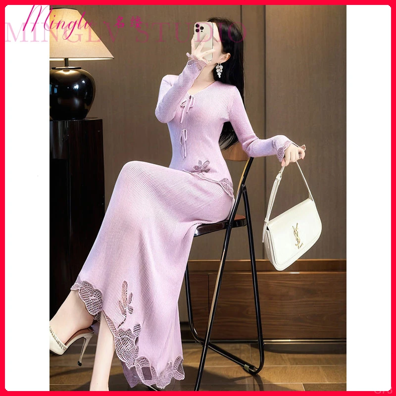 名缕姐系贵感紫色镂空修身长袖针织衫2025年秋季半裙两件套连衣裙