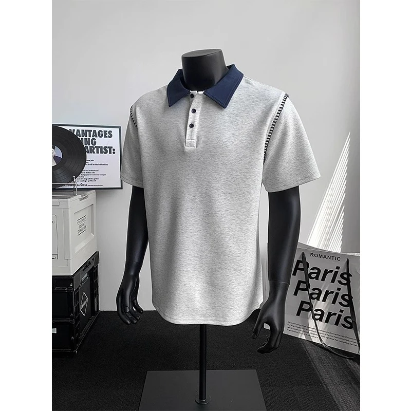 老钱风拼接短袖polo衫男款夏季美式复古亨利翻领T恤重磅痞帅半袖