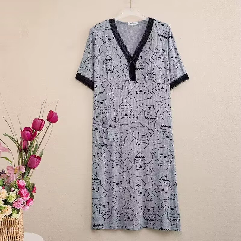 小胖【针织坑条棉】大码小熊睡裙胸垫可拆卸显瘦时尚休闲夏季家居服