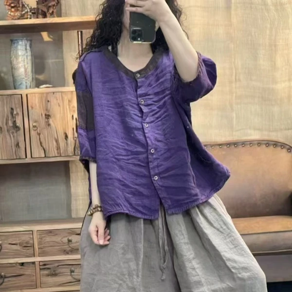 夏季宽松型通勤圆领纯色短袖衬衫文艺紫色休闲女装