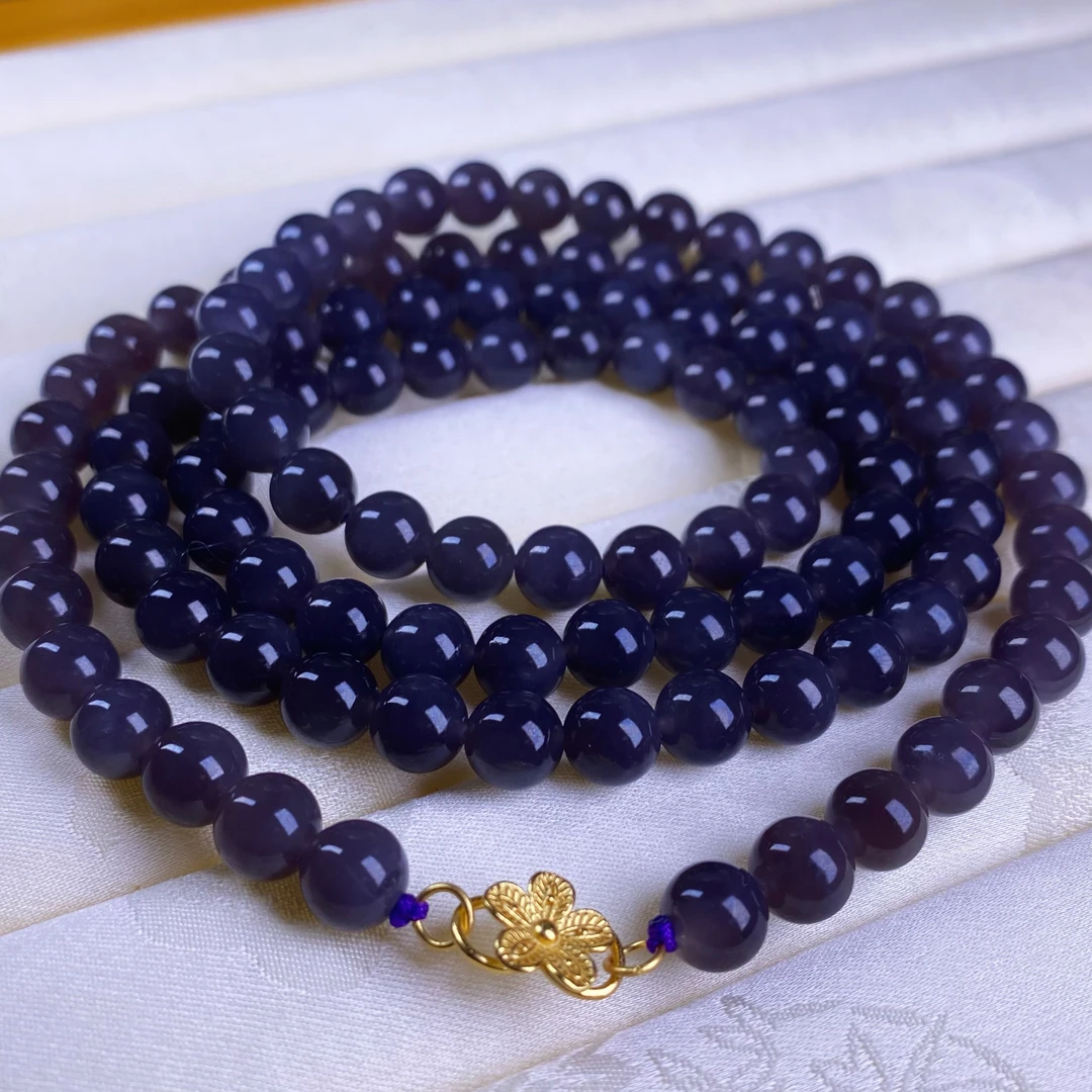 天然和田玉青海料精品烟紫浓紫罗兰8mm银108颗珠链项链手链@0032