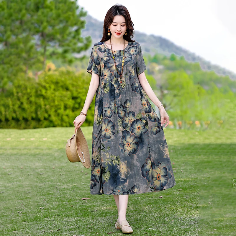 大码妈妈装加肥加大中老年棉绸连衣裙女夏季短袖中长款碎花裙子