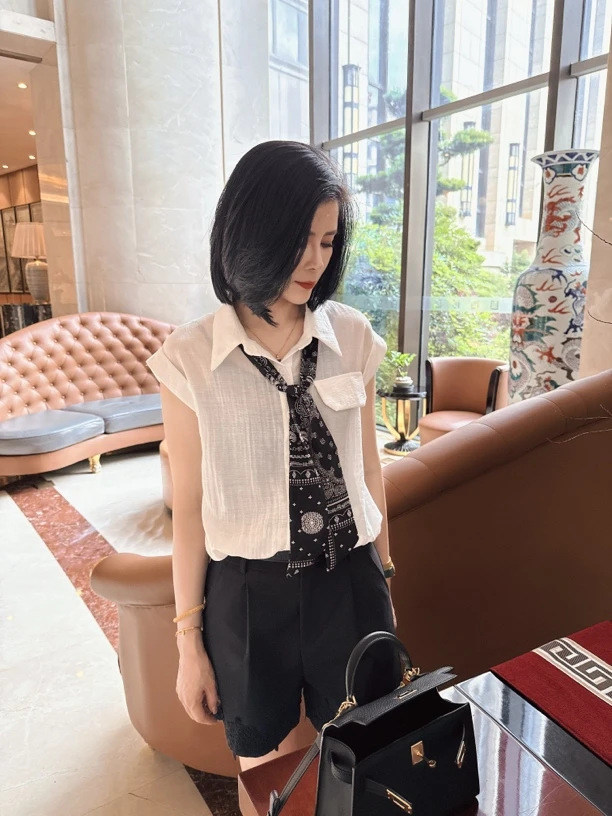 【娟子】夏季时尚翻领丝巾下摆抽绳短款百搭衬衫