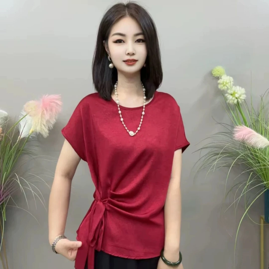 醋酸缎妈妈时尚百搭衬衫新款落肩袖减龄小衫大码宽松恤上衣
