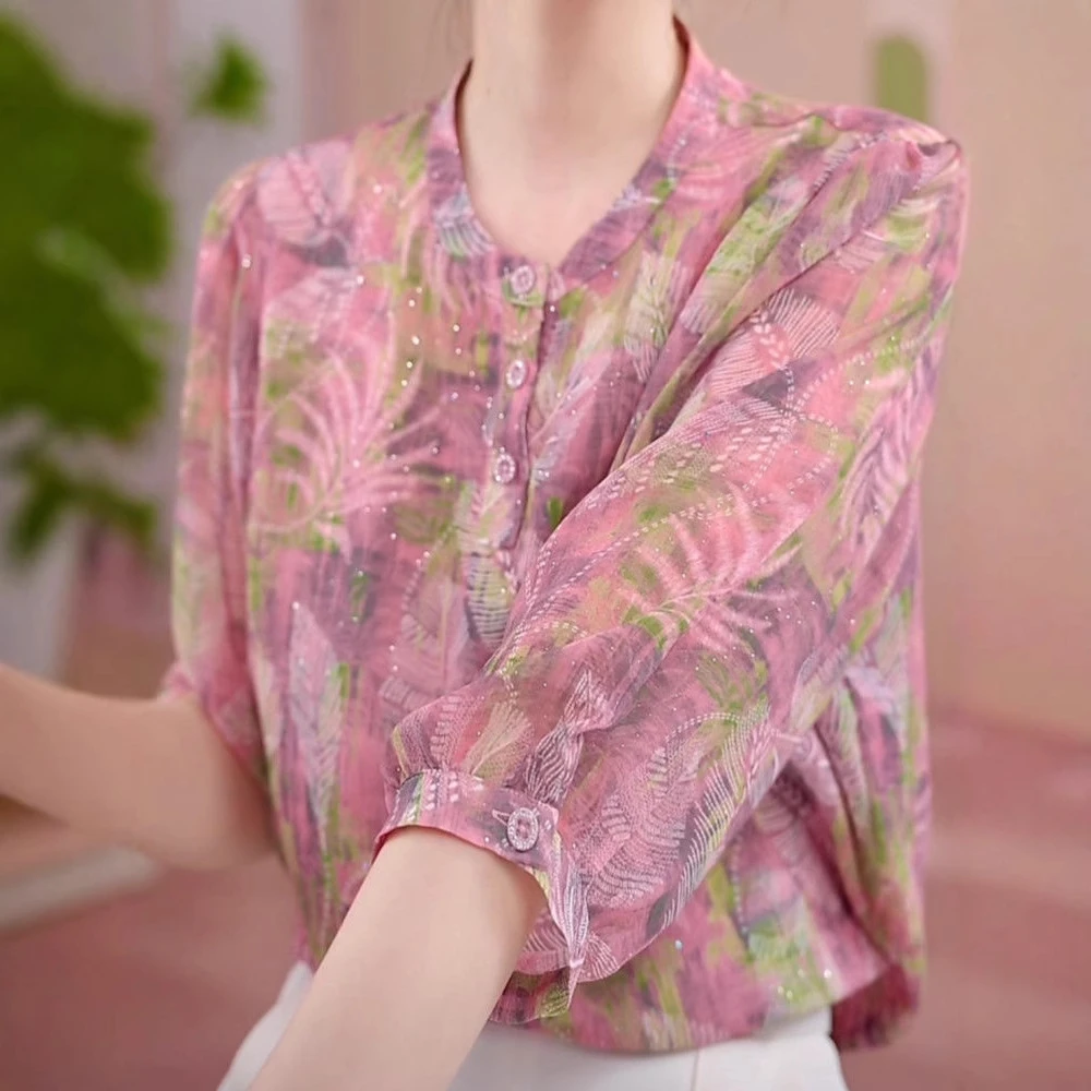 气质七分袖碎花衬衫2025夏季薄款显瘦上衣洋气圆领印花女