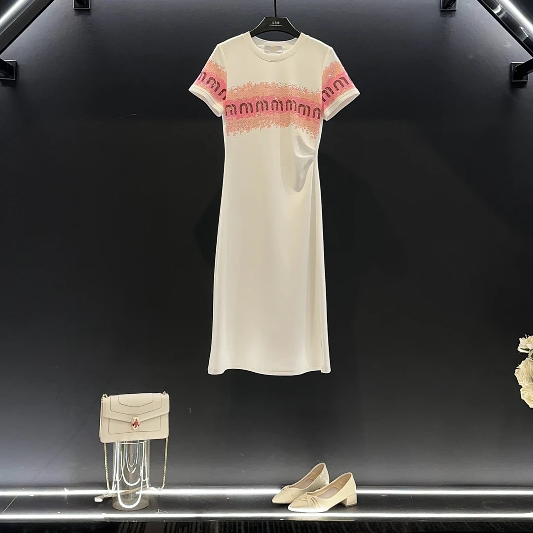 【vian专属】夏季时尚烫钻撞色字母印花褶皱收腰气质连衣裙L-A2958