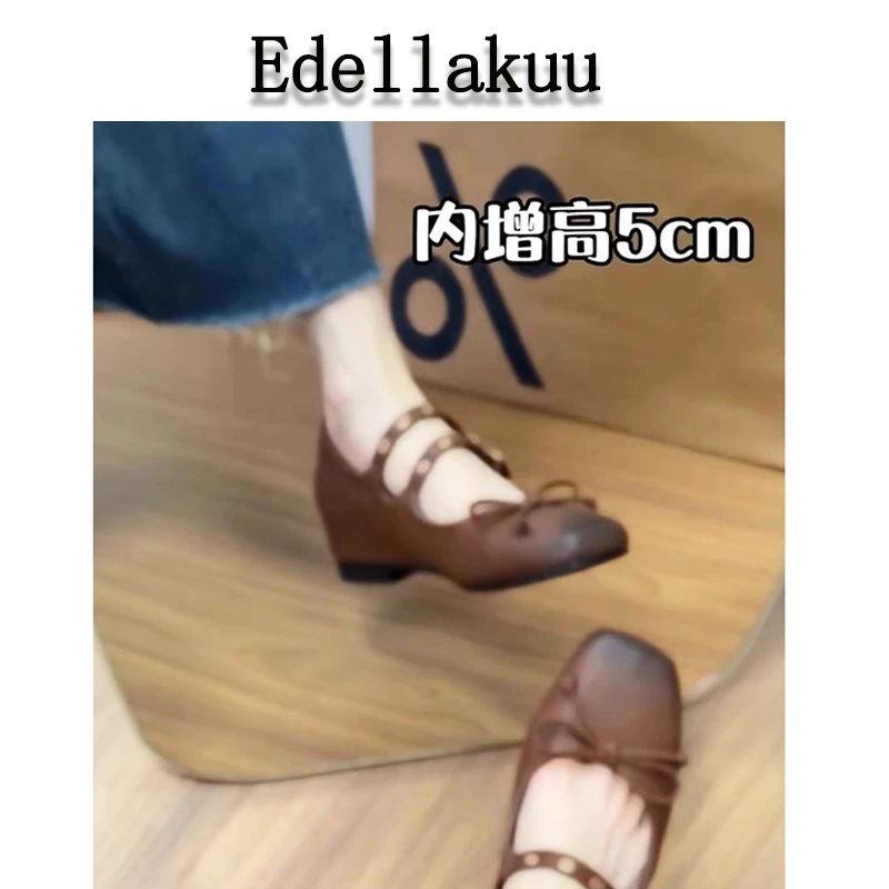 隐形增高5厘米~小个子增高软底方头蝴蝶结一字带芭蕾鞋女外穿单鞋