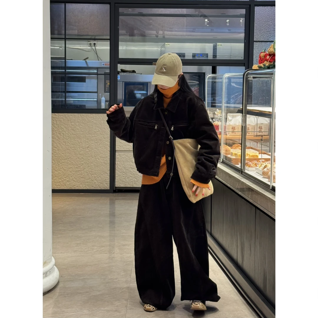 复古风潮～工装风灯芯绒羽绒外套➕灯芯绒弯刀裤套装