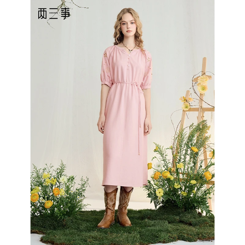 两三事甜樱幻境森女风镂空绣花泡泡袖连衣裙