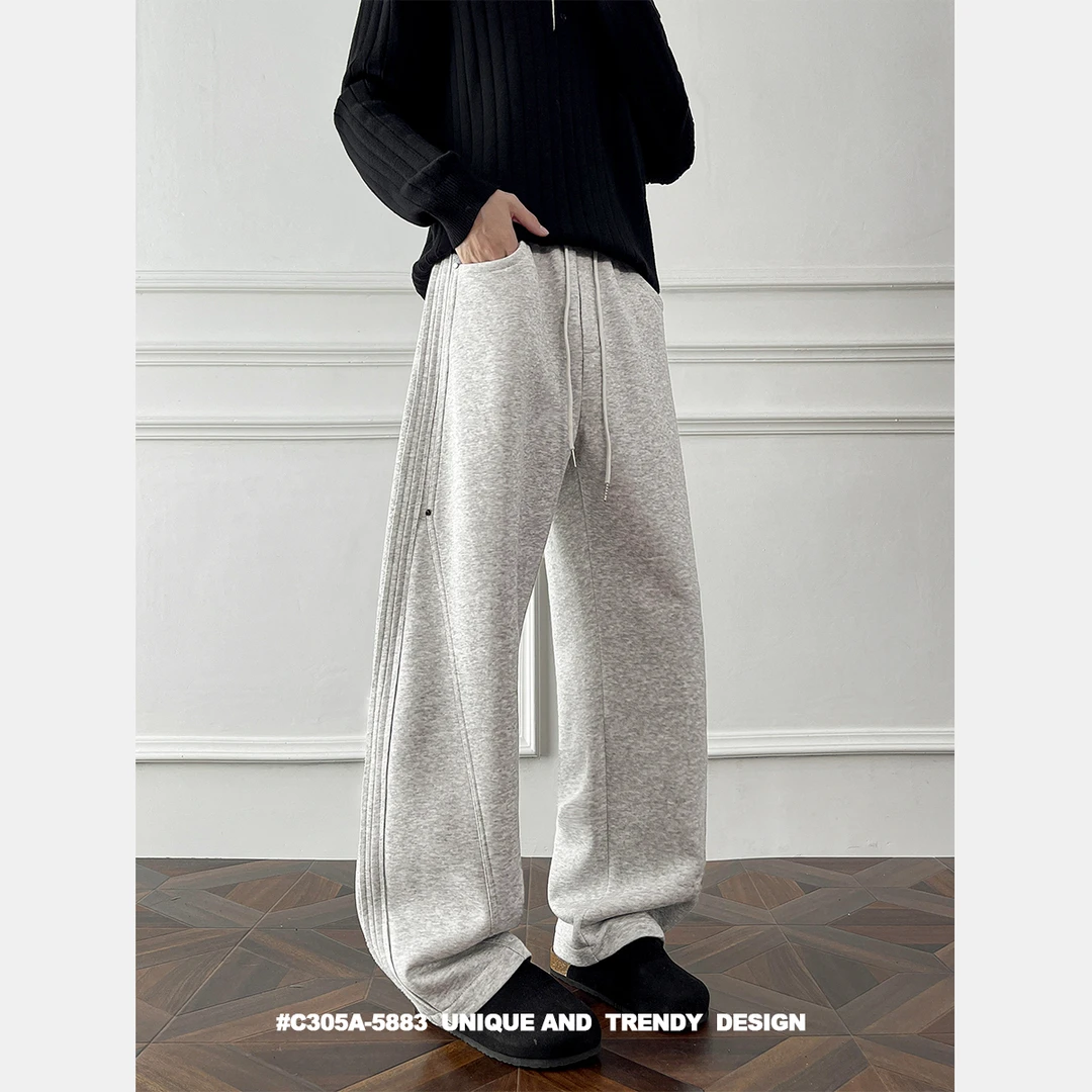 冬季韩系加绒加厚卫裤男款宽松休闲阔腿裤运动长裤中性慵懒感卫裤