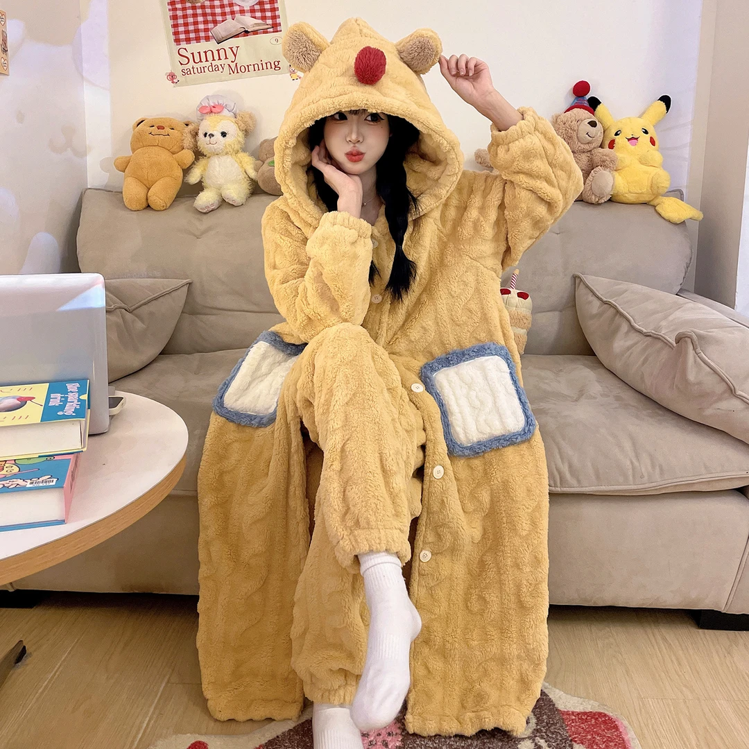 珊瑚绒睡袍秋冬天睡衣女款爆款2025新款学生长毛绒家居服加厚套装