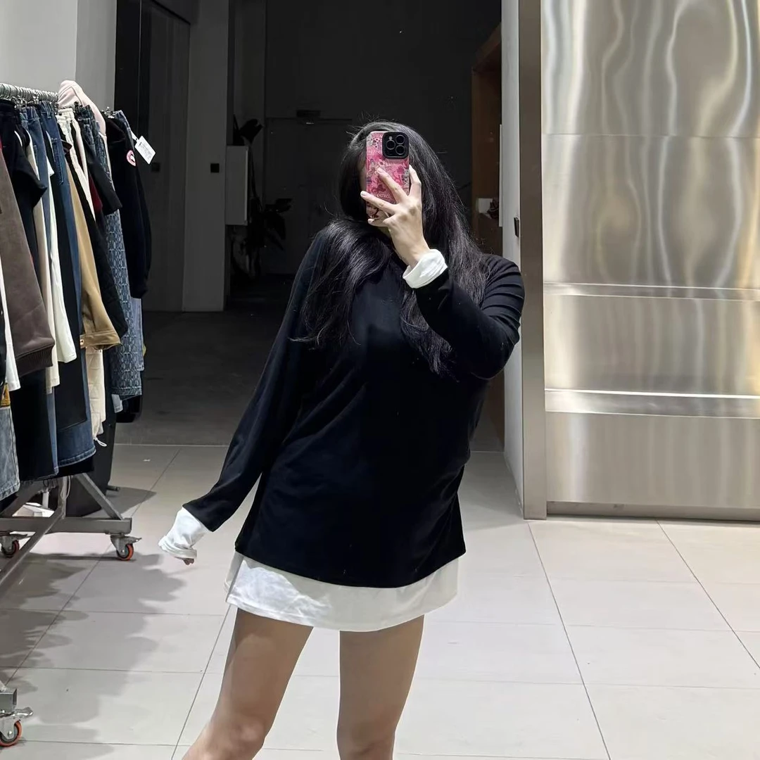 《大韩韩推荐》拼接长袖打底大码女装冬季显瘦百搭遮肉宽松套头休闲