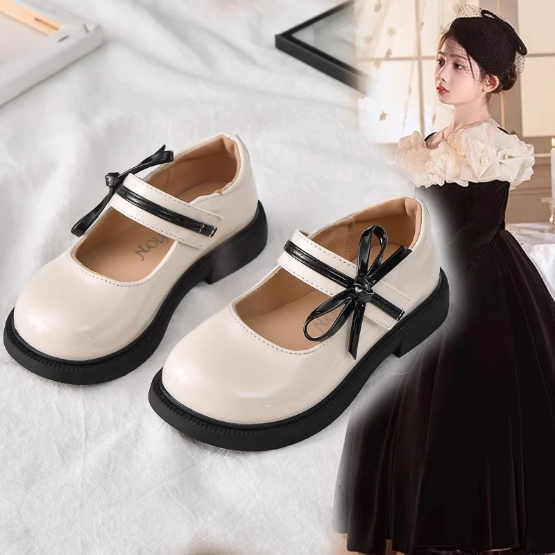 ABC女童皮鞋2025春秋季新款黑色鞋子儿童蝴蝶结公主鞋单鞋学生鞋