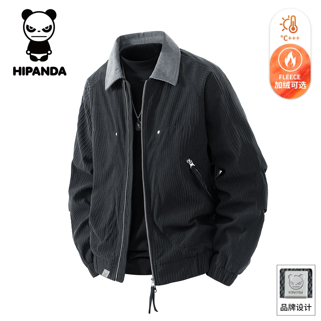 Hi Panda你好熊猫秋冬季灯芯绒工装风夹克男新款翻领拼色休闲外套