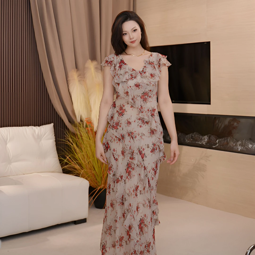 【萄禧】设计师款桑蚕丝花边碎花女神范绝美气质长裙TX06QZ1070