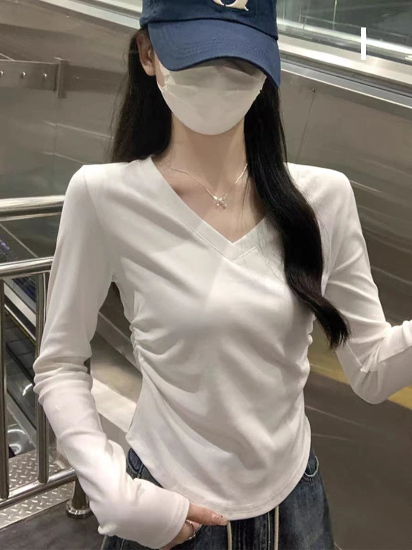 纯欲风短款v领长袖t恤内搭打底衫女2025新款早秋修身收腰性感上衣