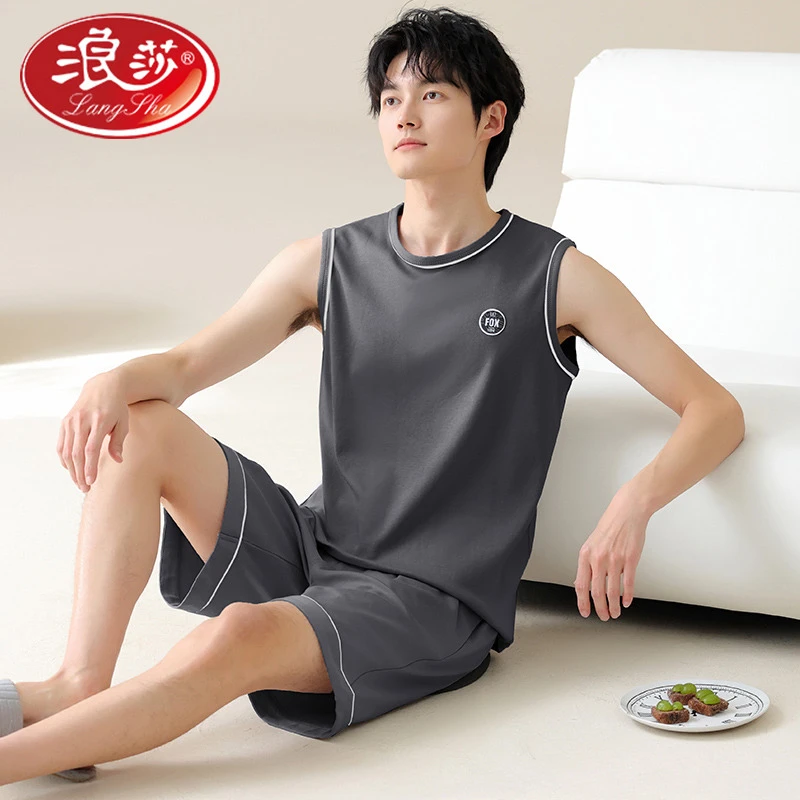 浪莎男士睡衣夏款100%纯棉无袖夏季背心男短裤全棉薄款休闲家居服