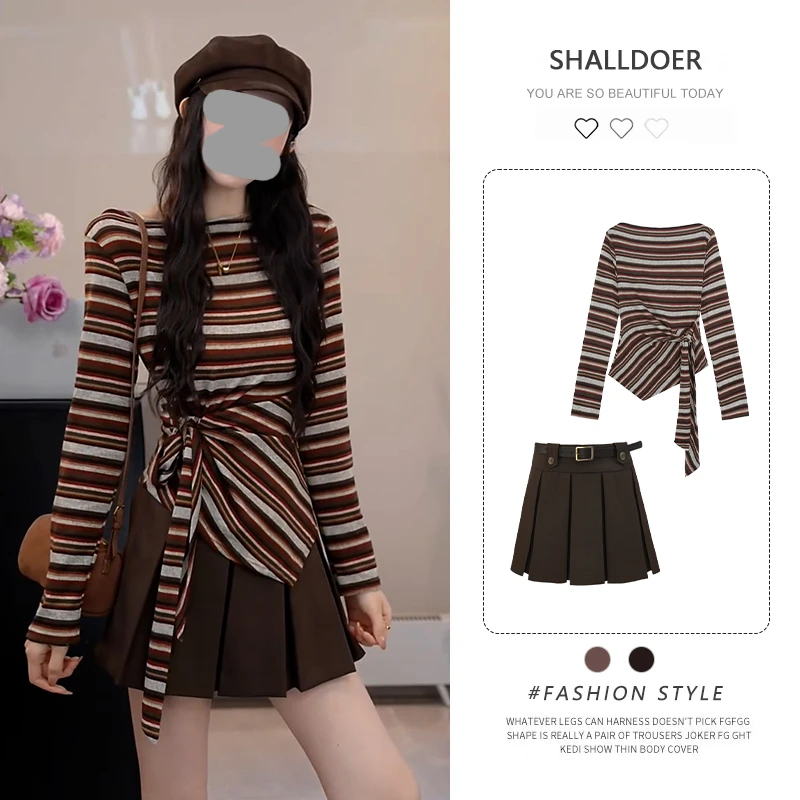 小众炸街高级感套装女春秋新款绑带收腰长袖t恤百褶半身裙两件套