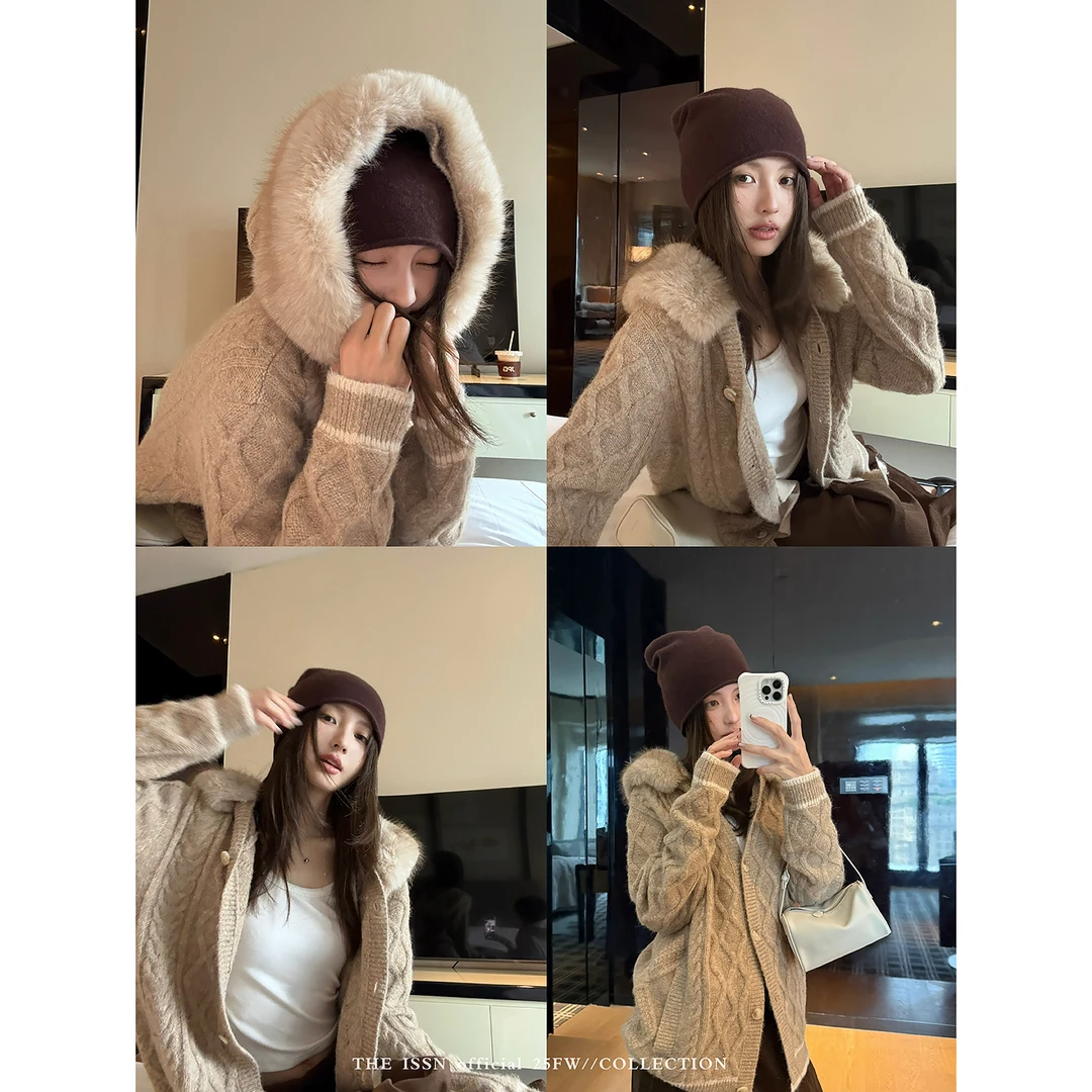 THEISSN宁司 毛领麻花毛衣外套女秋季显瘦开衫上衣 01559