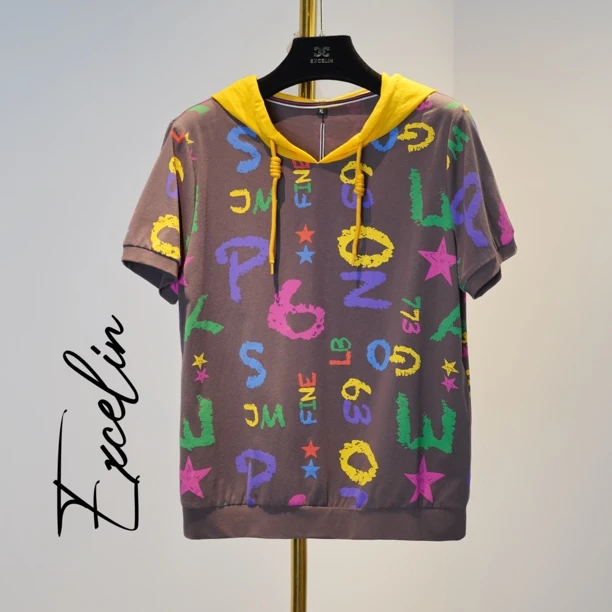 【灰色字母涂鸦连帽短袖】2025新款夏季高档时尚显瘦女T恤上衣