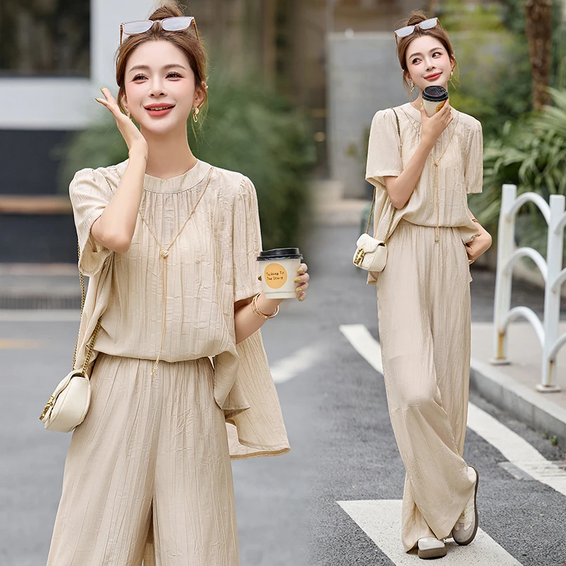 休闲套装女夏季穿搭一整套时尚宽松显瘦短袖上衣阔腿裤两件套女装