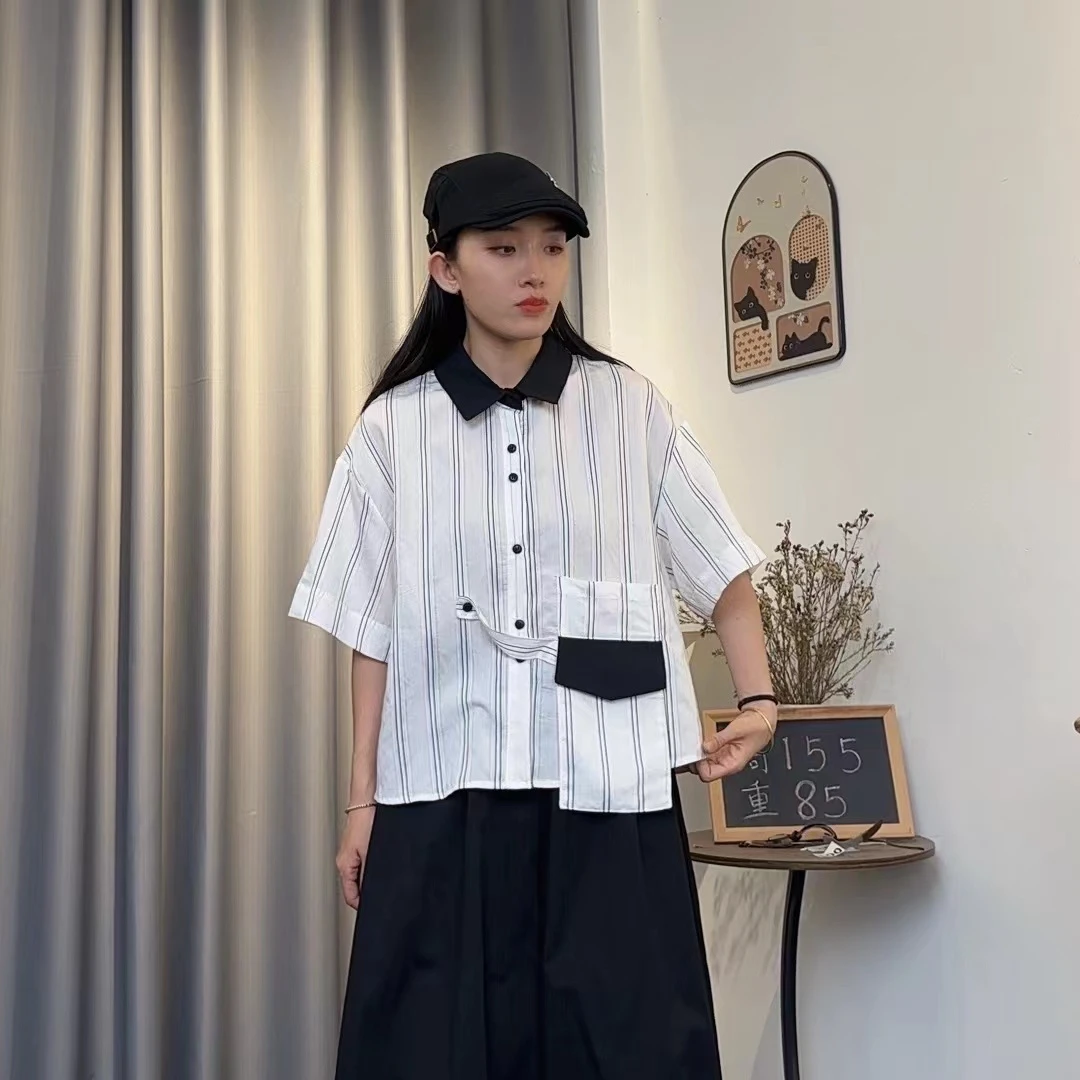 夏季短袖衬衫早春日系工装衬衣拼色上衣时尚条纹女装