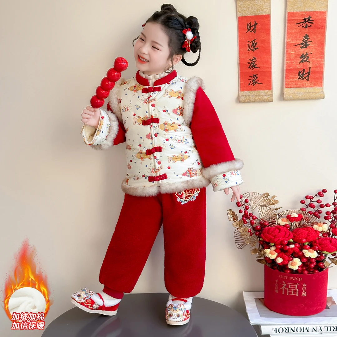 女童冬款新中式唐装套装冬季加绒女宝加厚拜年服儿童过年装两件套
