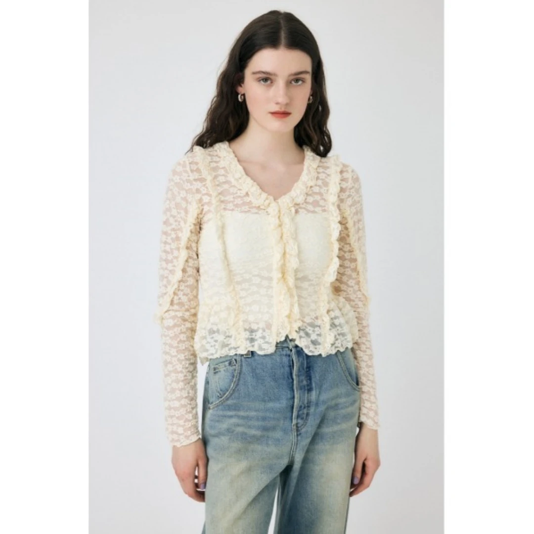 【MonTendre】M 春季新款 时尚木耳边褶皱感透视蕾丝修身显瘦上衣