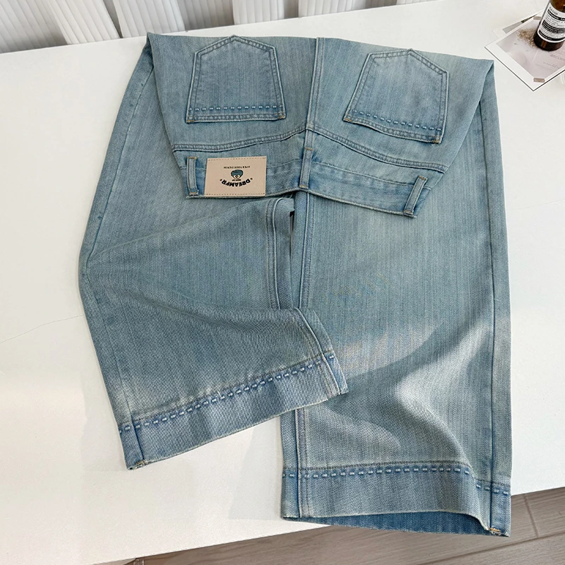 天青蓝天丝九分阔腿牛仔裤女2025夏季薄款小众设计直筒宽松奶奶裤