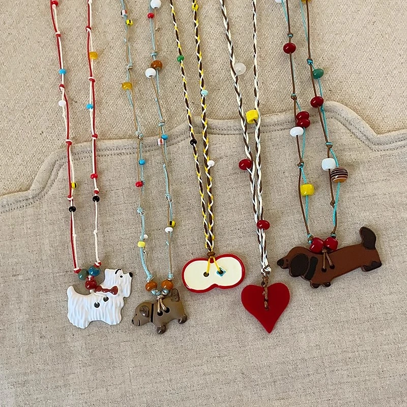 钛钢项链 童趣可爱苹果爱心腊肠狗编织彩绳长项链气质百搭毛衣链