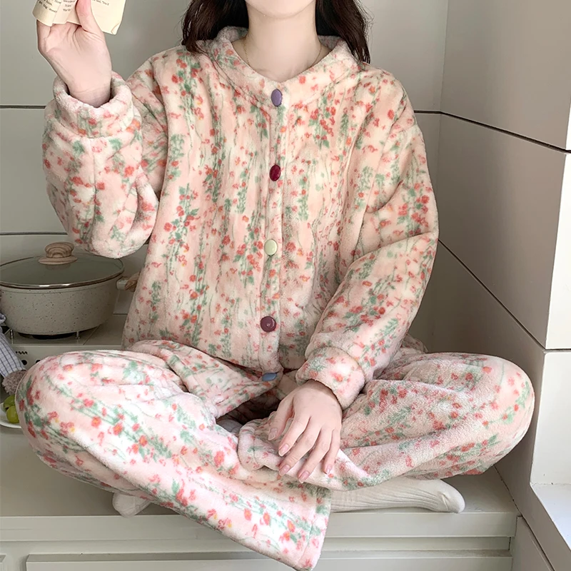 2025新款珊瑚绒公主风碎花睡衣女秋冬季加绒厚开衫保暖冬天家居服