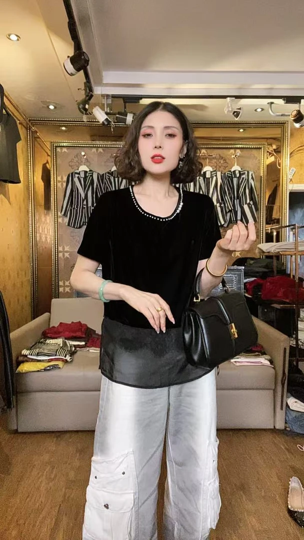（现货）领子白珠拼接丝绒弹力打底衫1087