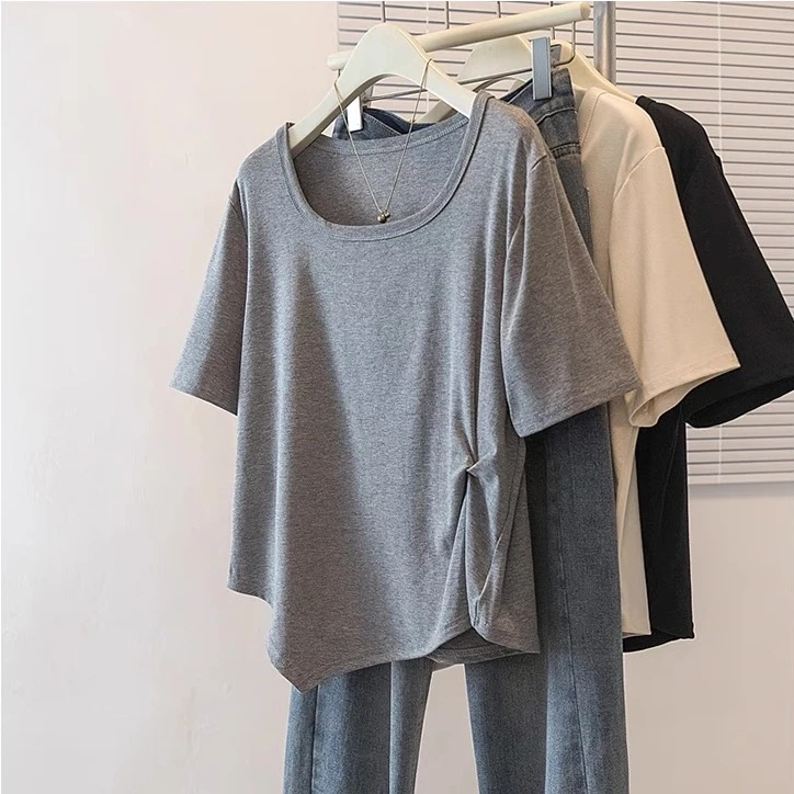 2025夏季新款正肩短袖t恤女微胖妹妹大码宽松百搭设计不规则上衣