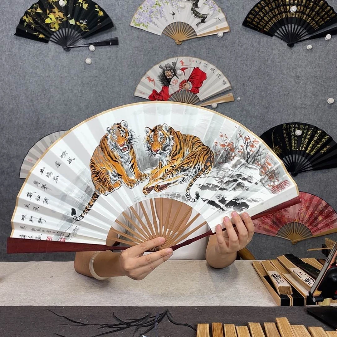 国画10寸红木-纯手绘-文玩扇骨（默认粘好）