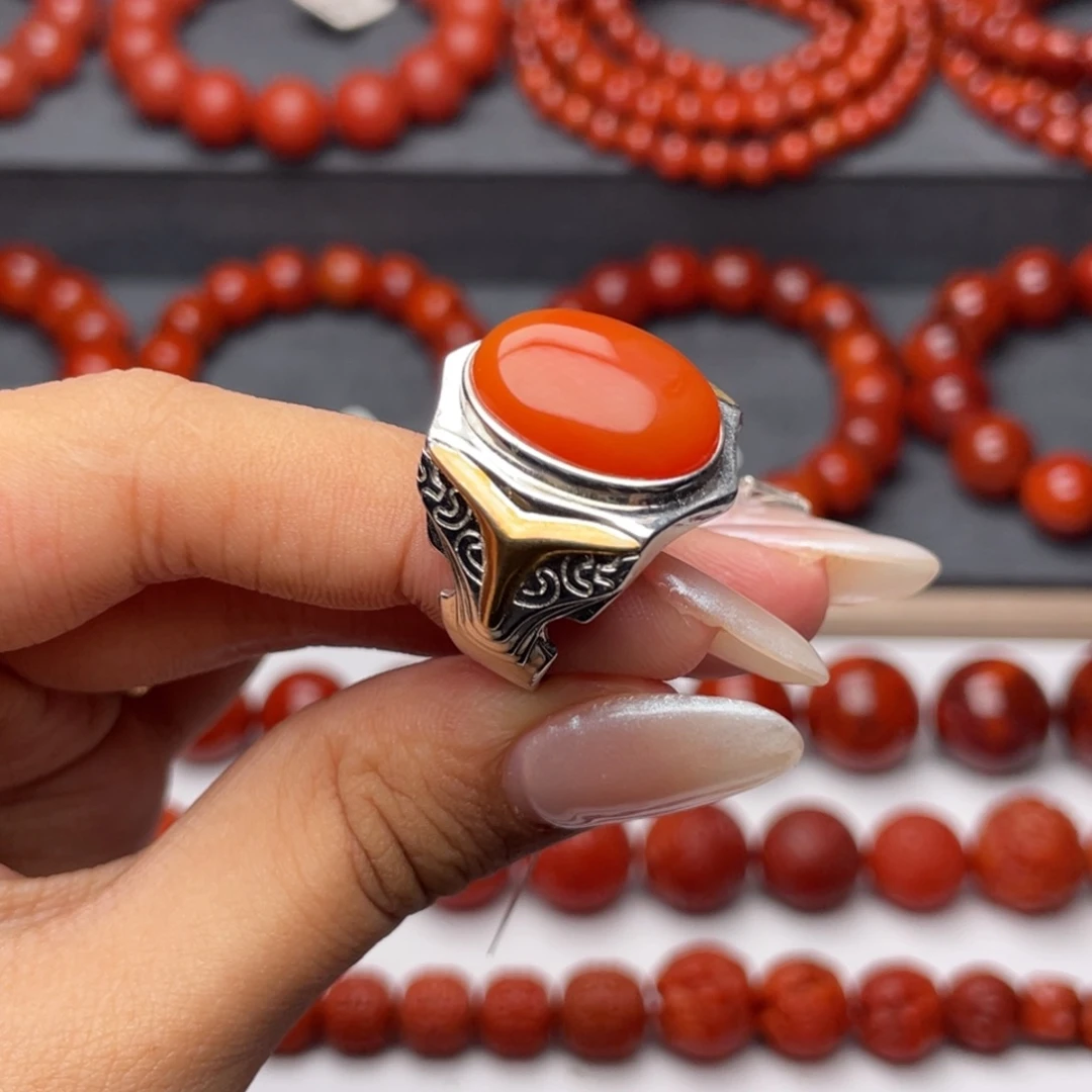 南红玛瑙未镶嵌手串Y滴水洞男士戒指