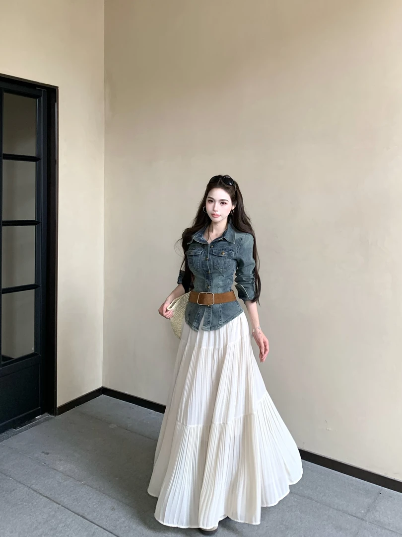 悉尼海岸港风复古正肩修身收腰牛仔外套女百褶半身裙潮两件套
