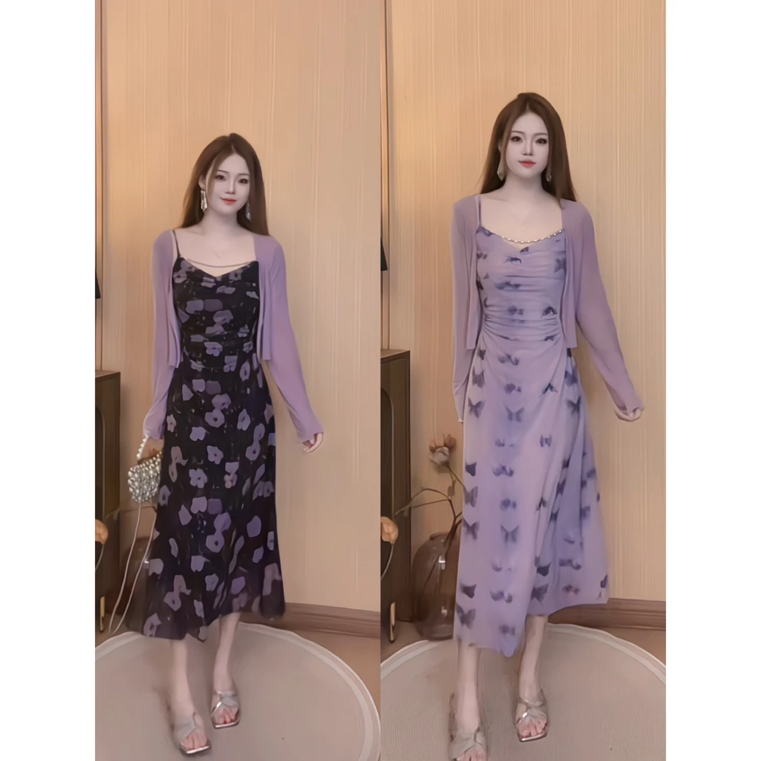 新款显瘦气质碎花A字裙摆修身时尚收腰性感夏季紫色连衣裙套装