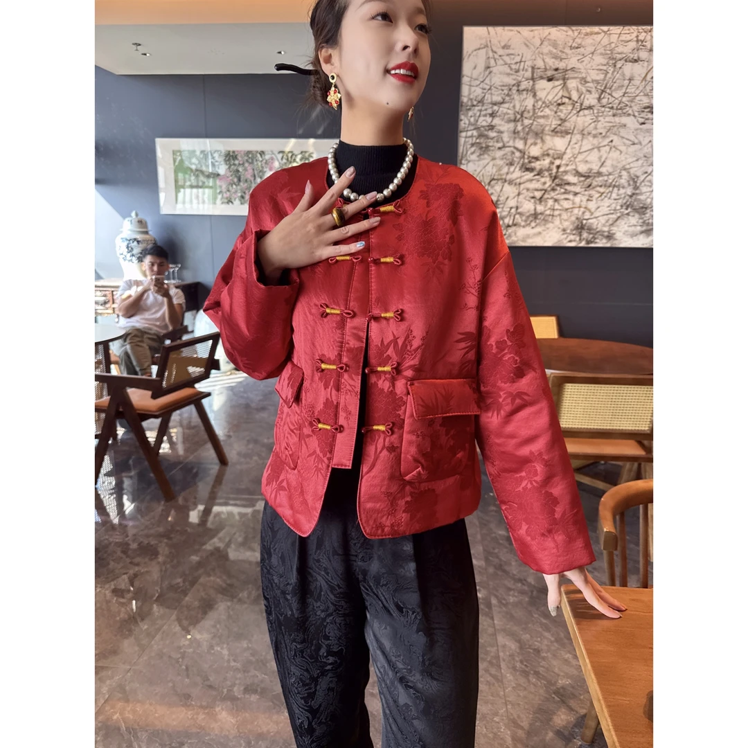 【老罗家】原创丝毛棉衣女桑蚕丝羊毛新中式加棉气质红色圆领棉服