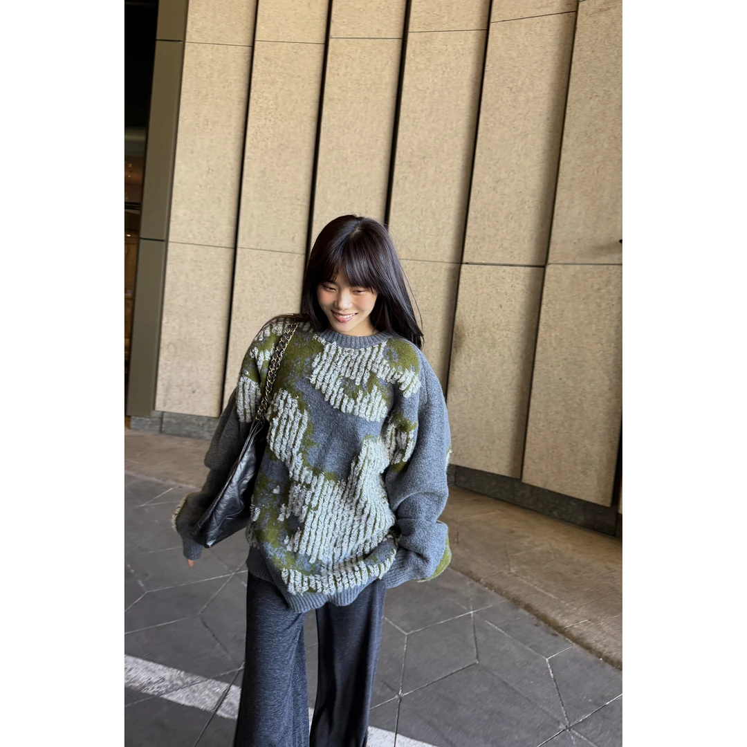 井迪儿【稳定】20%羊毛设计感交错拼色圆领毛衣长袖宽松针织上衣2