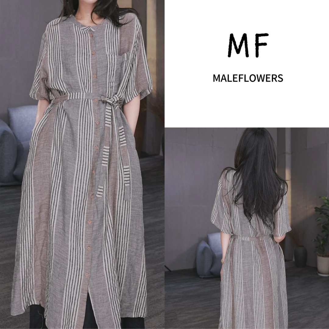 东倪MF 色织汉麻100排扣翻领细带连衣裙百搭初秋上新 85B77116-1