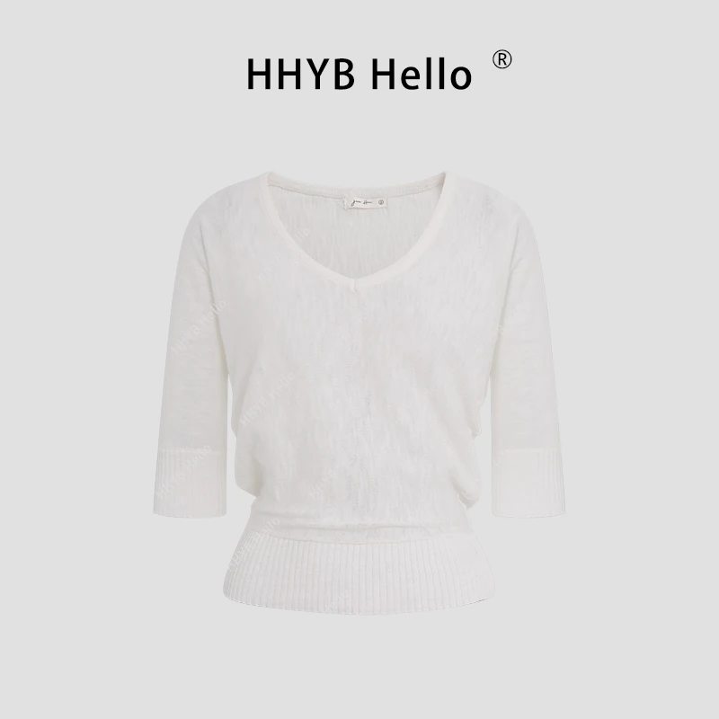HHYB Hello薄款松弛感中袖V领宽松针织衫女2025春季新款上衣M1068