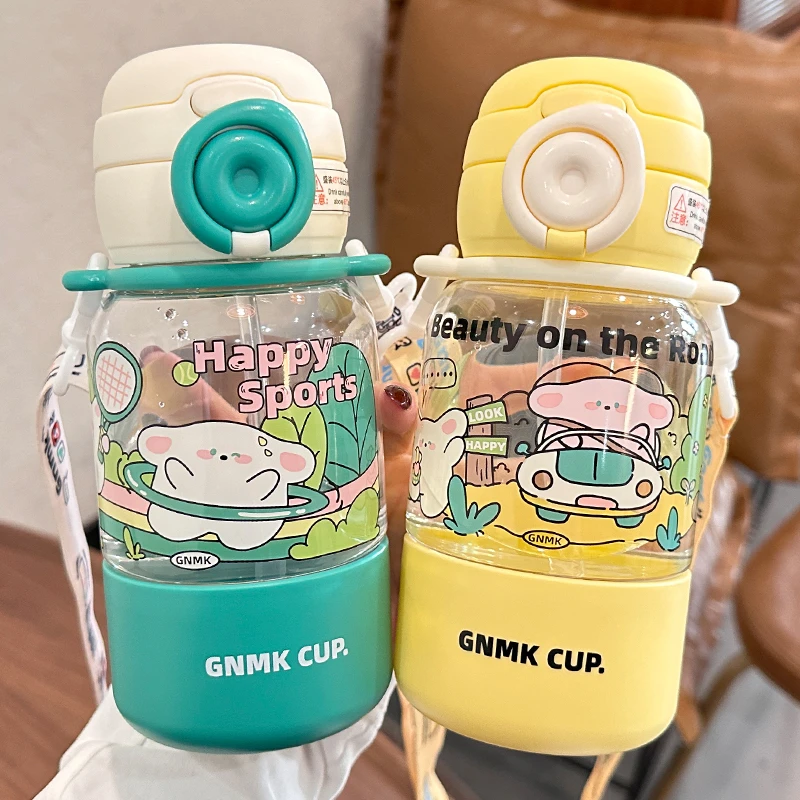 儿童水杯tritan耐高温上学专用双饮杯子带盖可喝水幼儿园斜跨水壶